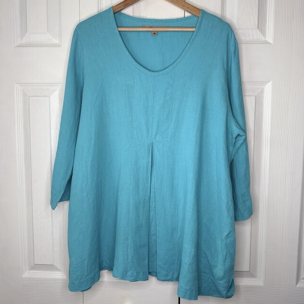 Flax Linen Tunic Turquoise Pleated Boho‎ Coastal Chic Minimalist Lagenlook Top M